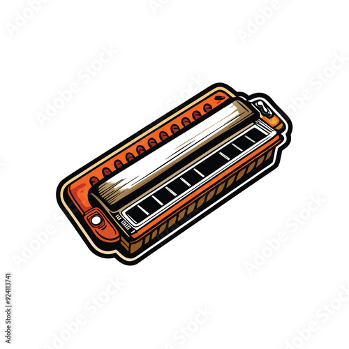 A detailed illustration of a harmonica, featuring an orange body with a black and white design, set against a white background.