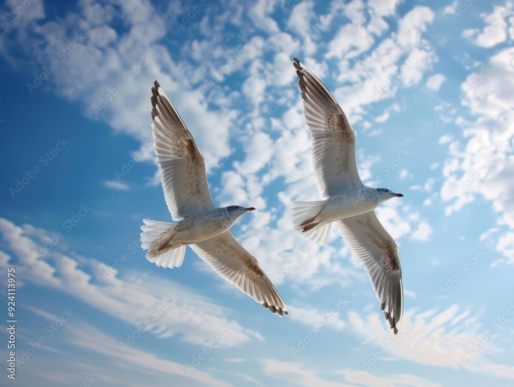Two seagulls soaring in a bright blue sky with scattered clouds over the ocean Two seagulls soaring in a bright blue sky with scattered clouds over the ocean