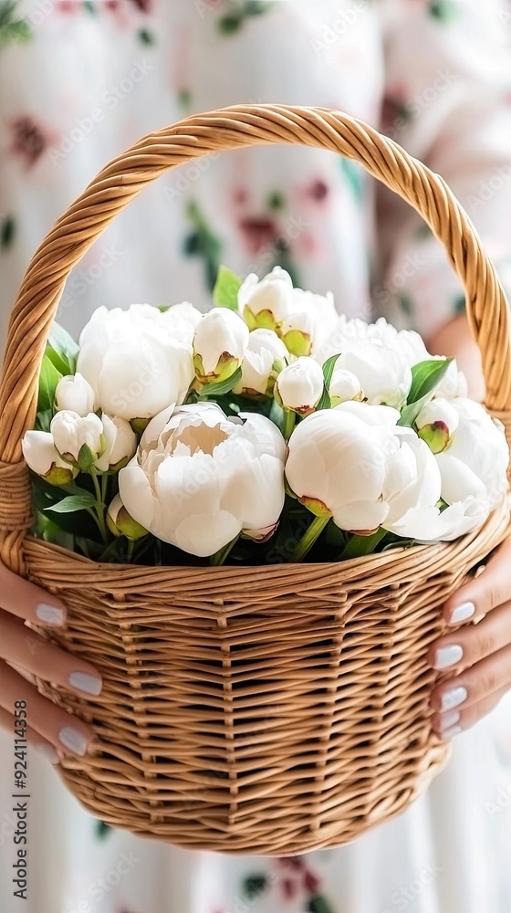 Delicate hands grasp a rustic straw bag overflowing with white and pink peonies, surrounded by a charming flower shop's soft pastel ambiance Delicate hands grasp a rustic straw bag overflowing with white and pink peonies, surrounded by a charming flower shop's soft pastel ambiance