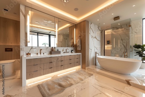 Modern White Bathroom Design with Freestanding Bathtub. Light shine through from a side. Created with Generative AI