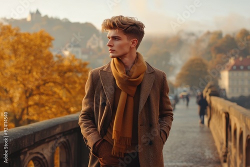 Young man in a brown coat and scarf walking on a bridge surrounded by autumn foliage at sunset