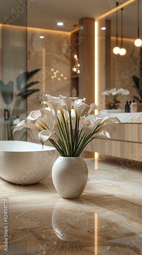 Modern White Bathroom Design with Freestanding Bathtub. Light shine through from a side. Created with Generative AI