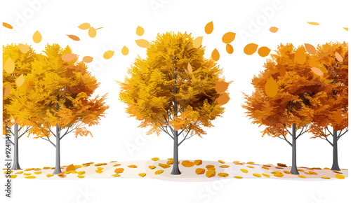 Vibrant autumn trees yellow and orange leaves vector illustration, Beautiful autumn landscape, Colorful foliage, 3d rendering transparent background png