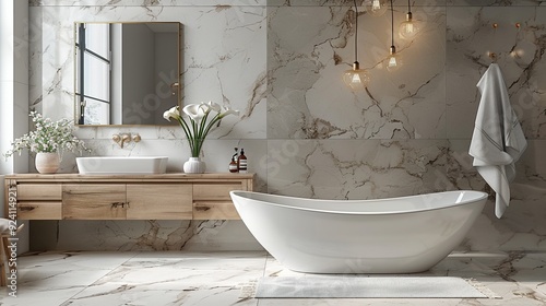Modern White Bathroom Design with Freestanding Bathtub. Light shine through from a side. Created with Generative AI