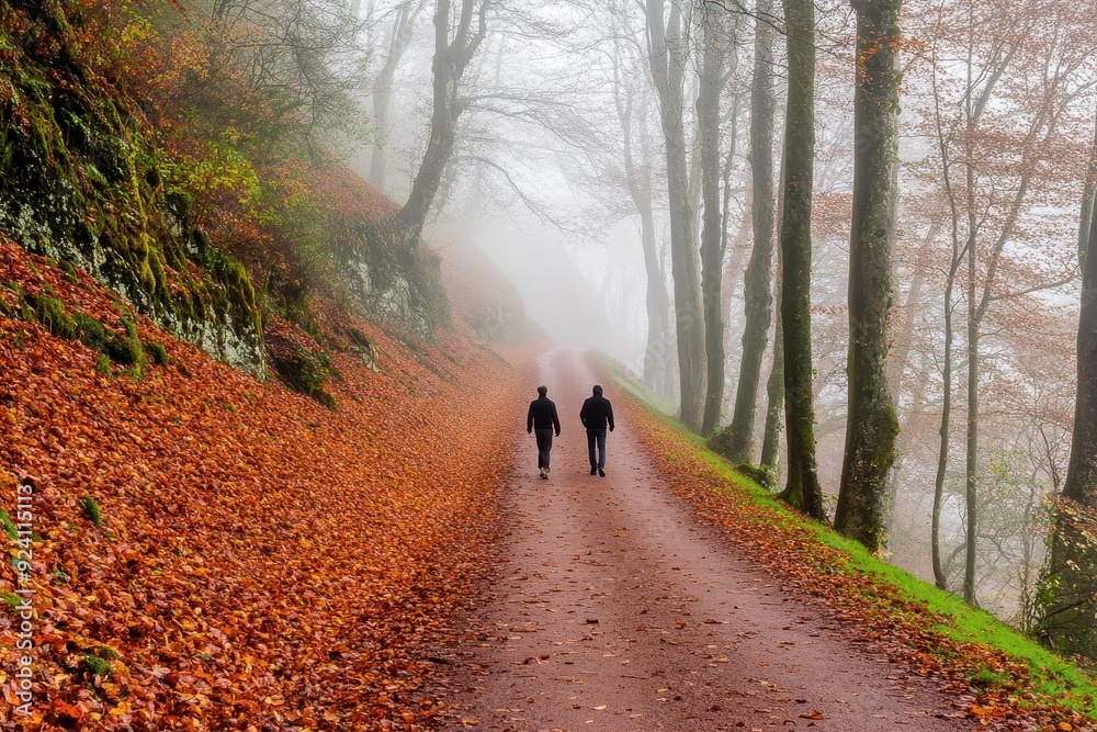 Two individuals walking on a foggy forest path covered in autumn leaves during a tranquil morning Two individuals walking on a foggy forest path covered in autumn leaves during a tranquil morning
