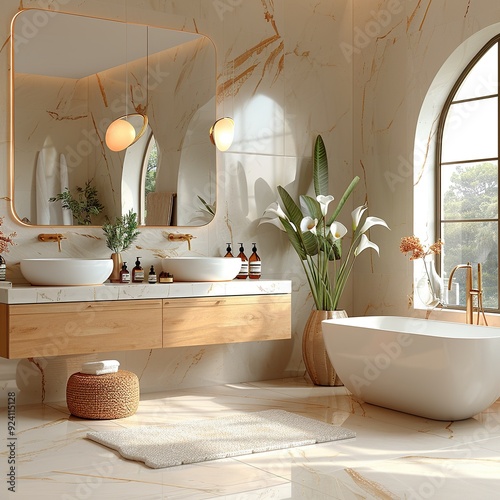 Modern White Bathroom Design with Freestanding Bathtub. Light shine through from a side. Created with Generative AI