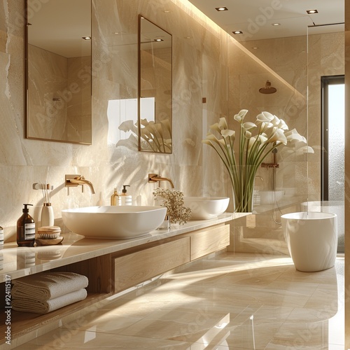 Modern White Bathroom Design with Freestanding Bathtub. Light shine through from a side. Created with Generative AI
