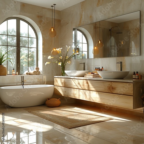 Modern White Bathroom Design with Freestanding Bathtub. Light shine through from a side. Created with Generative AI