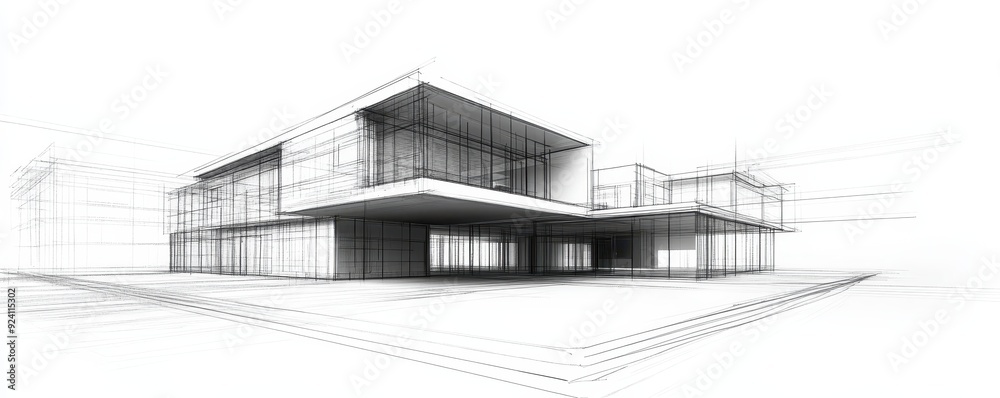 A modern architectural design sketch of a contemporary building with clean lines, showcasing innovative structure and advanced engineering concepts.