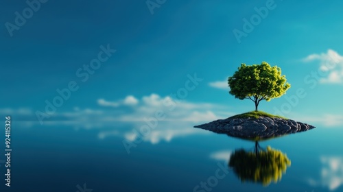 Serene island with a lone tree reflected on calm water under a clear blue sky, capturing tranquility and natural beauty.