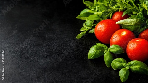 Fresh tomatoes and green herbs on a dark background, perfect for healthy eating and cooking related content.