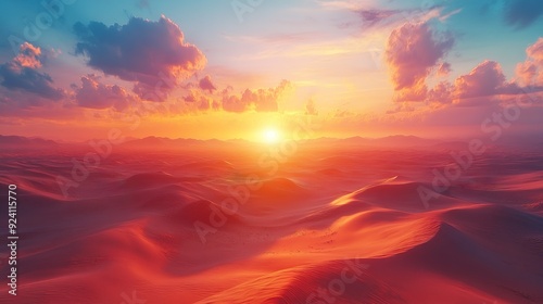 Tranquil desert scene with expansive dunes and a breathtaking sunset wallpaper