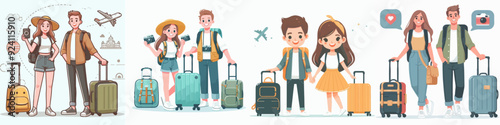 vector set of a happy man and woman tourists with suitcases and backpacks