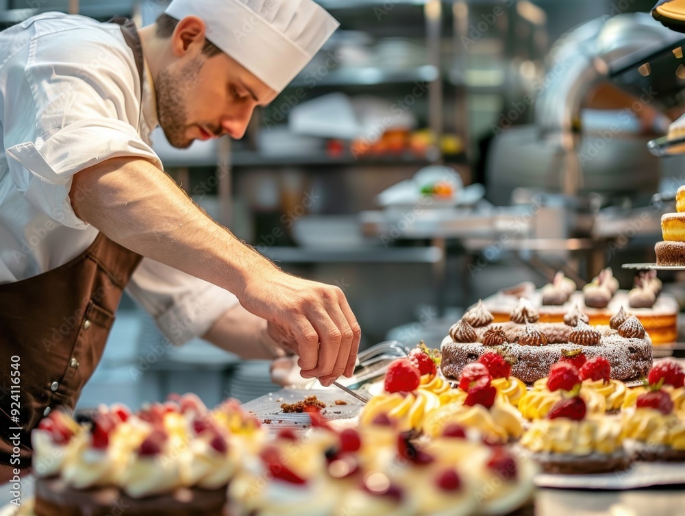 Chef decorates a raspberry cake in a bustling kitchen setting during lunchtime Chef decorates a raspberry cake in a bustling kitchen setting during lunchtime