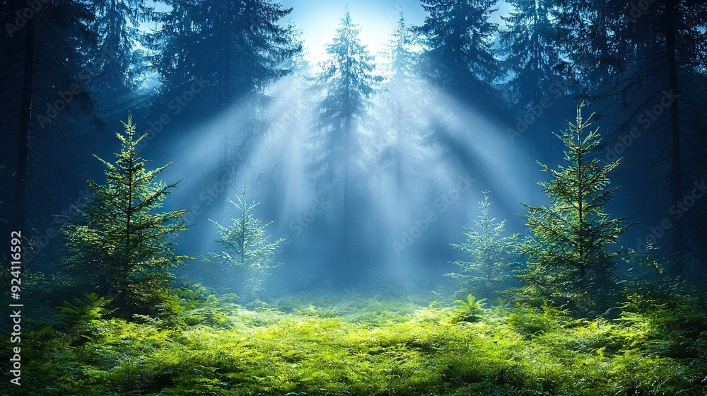 Obraz premium A dense woodland brimming with towering trunks beneath azure heavens, dappled with sunlight streaming down from treetops