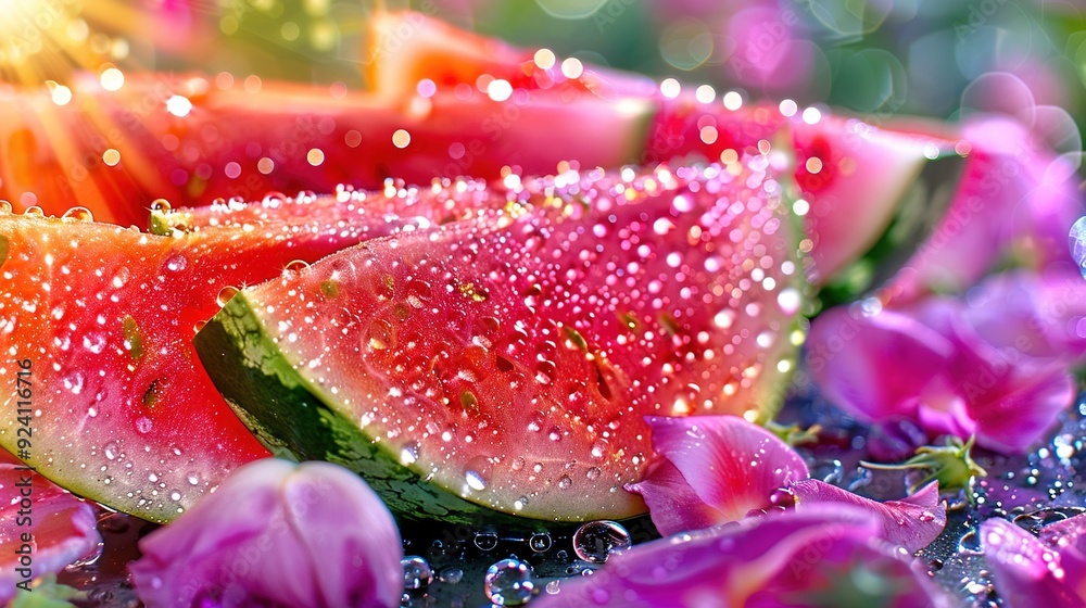 Watermelons stacked high, juicy slices dripping with water Watermelons stacked high, juicy slices dripping with water