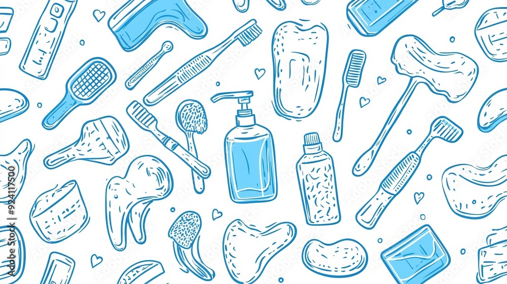 A seamless pattern featuring outline icons of dental hygiene products, including a toothbrush, dental floss, toothpaste, and liquid mouthwash, illustrated in vector format. A seamless pattern featuring outline icons of dental hygiene products, including a toothbrush, dental floss, toothpaste, and liquid mouthwash, illustrated in vector format.