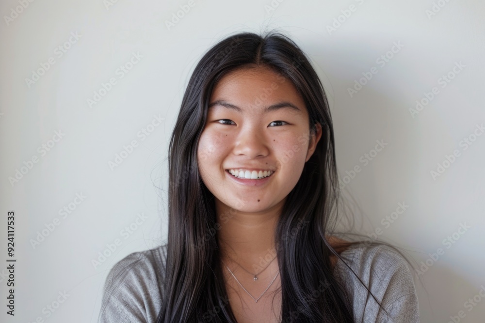 A young woman with long black hair smiles brightly against a white background. Her expression is warm and inviting A young woman with long black hair smiles brightly against a white background. Her expression is warm and inviting
