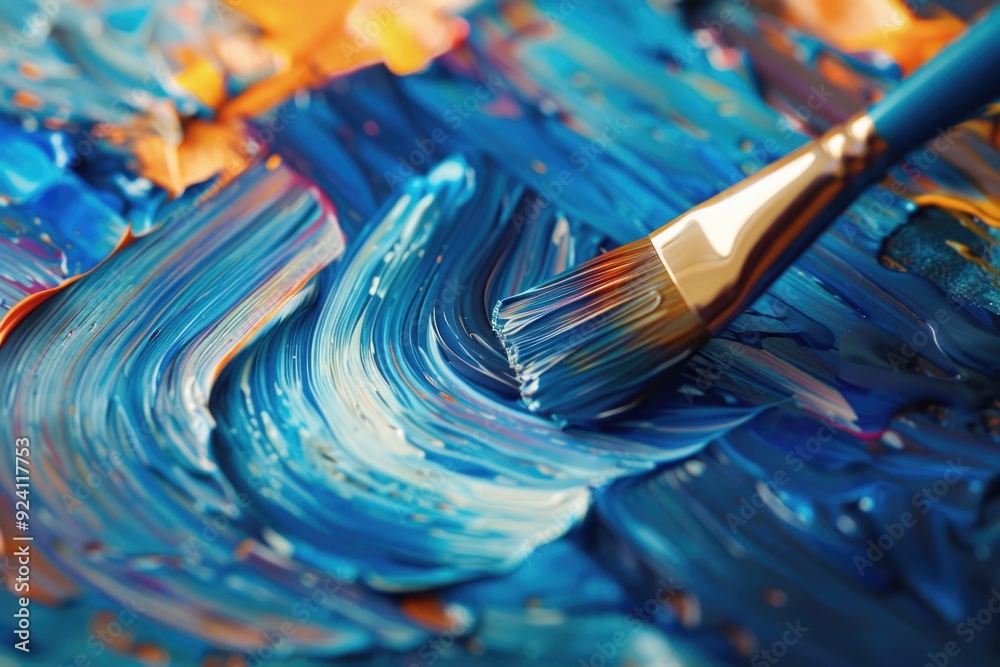 A close-up shot of a paintbrush resting on a palette, leaving a trail of blue paint. The brush is partially submerged in a swirling, vibrant blue paint, creating an abstract and artistic image A close-up shot of a paintbrush resting on a palette, leaving a trail of blue paint. The brush is partially submerged in a swirling, vibrant blue paint, creating an abstract and artistic image