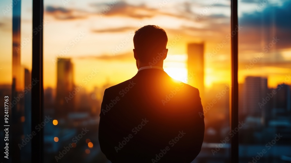Silhouette of a business professional looking out a window at a sunset over a cityscape, representing ambition and reflection. Silhouette of a business professional looking out a window at a sunset over a cityscape, representing ambition and reflection.