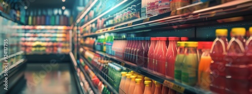 Supermarket juice aisle with colorful beverage bottles