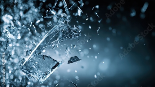 Close-up of shattered glass pieces flying in various directions, captured in mid-air with a dark background. photo