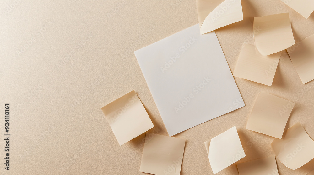 Blank sticky notes are scattered around a central blank sheet on a ...