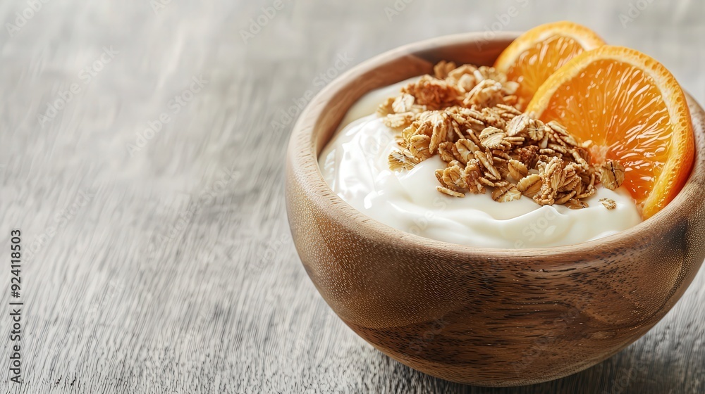 Rustic wooden bowl with Greek yogurt, freshly cut oranges, and crunchy granola, soft natural lighting, close-up shot, vibrant colors, healthy living. Rustic wooden bowl with Greek yogurt, freshly cut oranges, and crunchy granola, soft natural lighting, close-up shot, vibrant colors, healthy living.