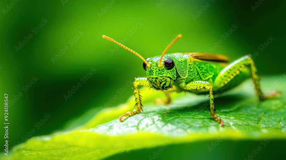 Close-up of a vibrant green grasshopper on a leaf, capturing intricate details and textures in a lush green environment. Close-up of a vibrant green grasshopper on a leaf, capturing intricate details and textures in a lush green environment.