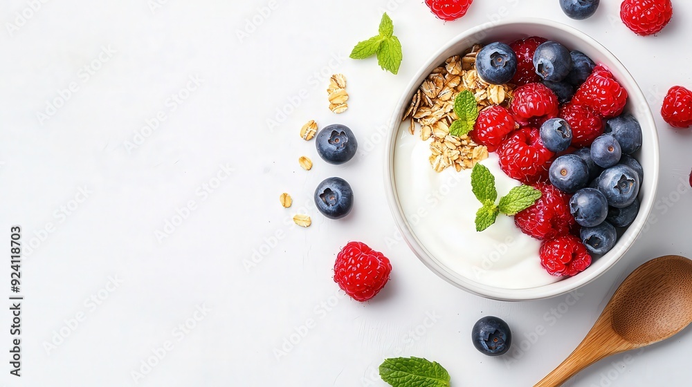 Vibrant fruit and yogurt bowl with granola and assorted berries, wooden spoon, clean white background, top-down shot, fresh and colorful. Vibrant fruit and yogurt bowl with granola and assorted berries, wooden spoon, clean white background, top-down shot, fresh and colorful.