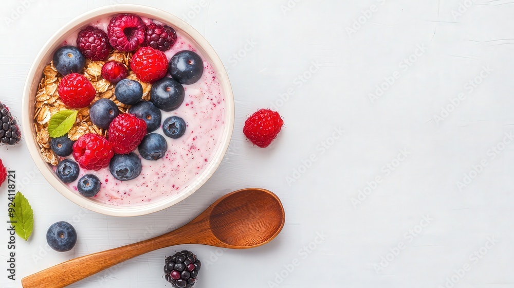 Vibrant fruit and yogurt bowl with granola and assorted berries, wooden spoon, clean white background, top-down shot, fresh and colorful.