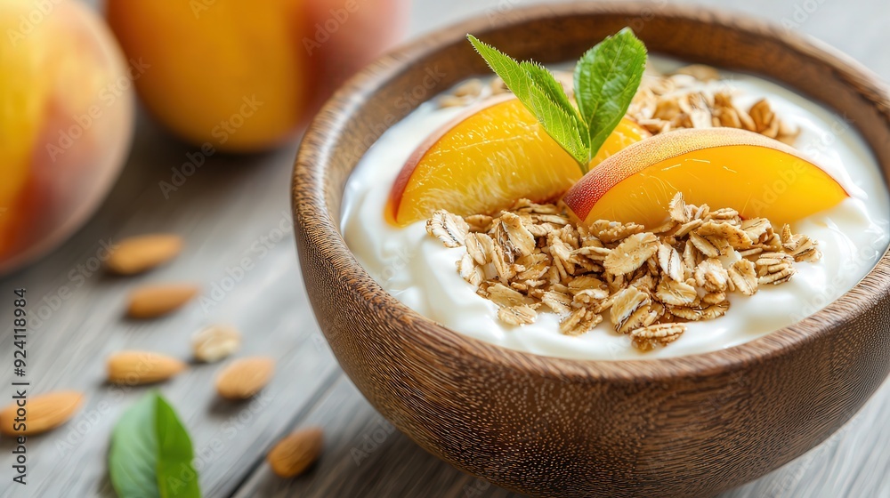 Rustic wooden bowl with yogurt, sliced peaches, and almond granola, soft morning light, cozy and inviting breakfast setup, focus on texture. Rustic wooden bowl with yogurt, sliced peaches, and almond granola, soft morning light, cozy and inviting breakfast setup, focus on texture.