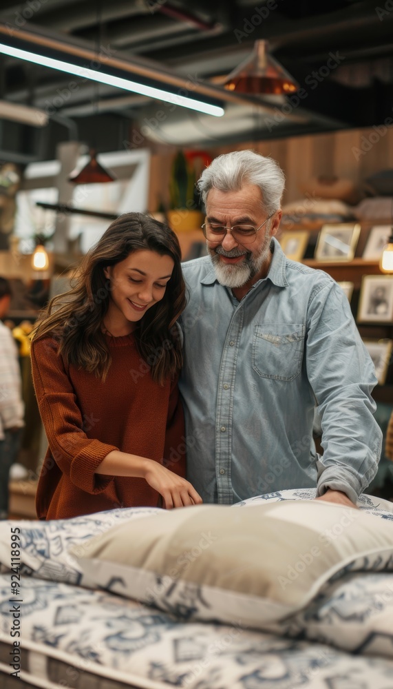 Father and Daughter Choosing Mattress in Cozy Furniture Store - Bed Frame and Comfort Selection Father and Daughter Choosing Mattress in Cozy Furniture Store - Bed Frame and Comfort Selection