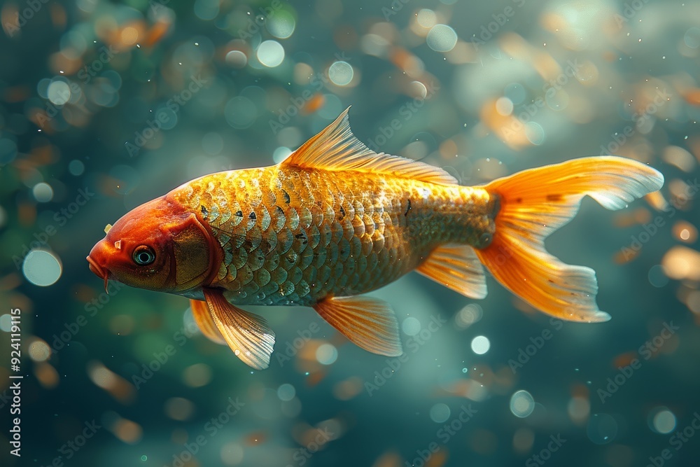 A large golden koi swimming in water. Generative AI A large golden koi swimming in water. Generative AI