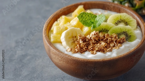 Wooden bowl filled with yogurt, chopped pineapple, and granola, soft light, focus on tropical freshness, clean and inviting presentation, healthy breakfastWooden bowl with layered yogurt, kiwi,