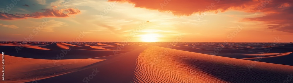 Stunning desert landscape with rolling sand dunes and a vibrant sunset sky, creating a serene and picturesque scene. Stunning desert landscape with rolling sand dunes and a vibrant sunset sky, creating a serene and picturesque scene.