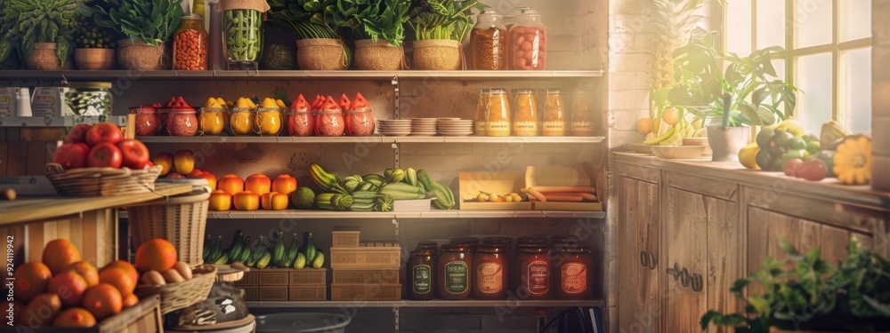 Farm-fresh vegetables and preserves in a cozy pantry Farm-fresh vegetables and preserves in a cozy pantry