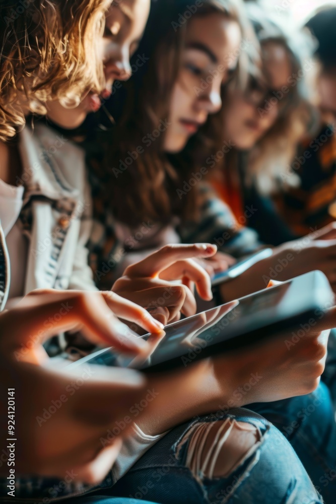 Group of Friends Engaging in Educational Trivia Quiz on Tablet Devices, Ideal for Learning Apps Group of Friends Engaging in Educational Trivia Quiz on Tablet Devices, Ideal for Learning Apps