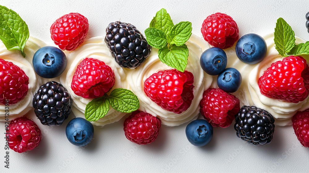 Pour un dessert d'été, savourez un mélange de fruits frais : fraises, framboises, mûres et myrtilles, un délice sain et organique. Pour un dessert d'été, savourez un mélange de fruits frais : fraises, framboises, mûres et myrtilles, un délice sain et organique.