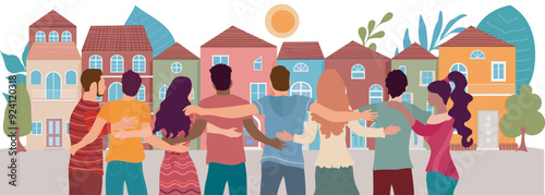 Community and sharing between neighbors. Neighborhood concept meeting or acts of care - care jobs. Group of embracing multicultural people seen from behind with a background of houses