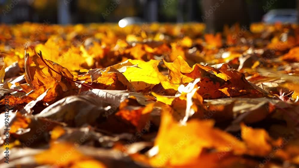 Close up view of empty autumn forest at sunset. Brown maple leaves lying on lawn at woodland. Gentle wind blowing through colorful foliage on the ground at parkland. Low view Slow motion Close up view of empty autumn forest at sunset. Brown maple leaves lying on lawn at woodland. Gentle wind blowing through colorful foliage on the ground at parkland. Low view Slow motion