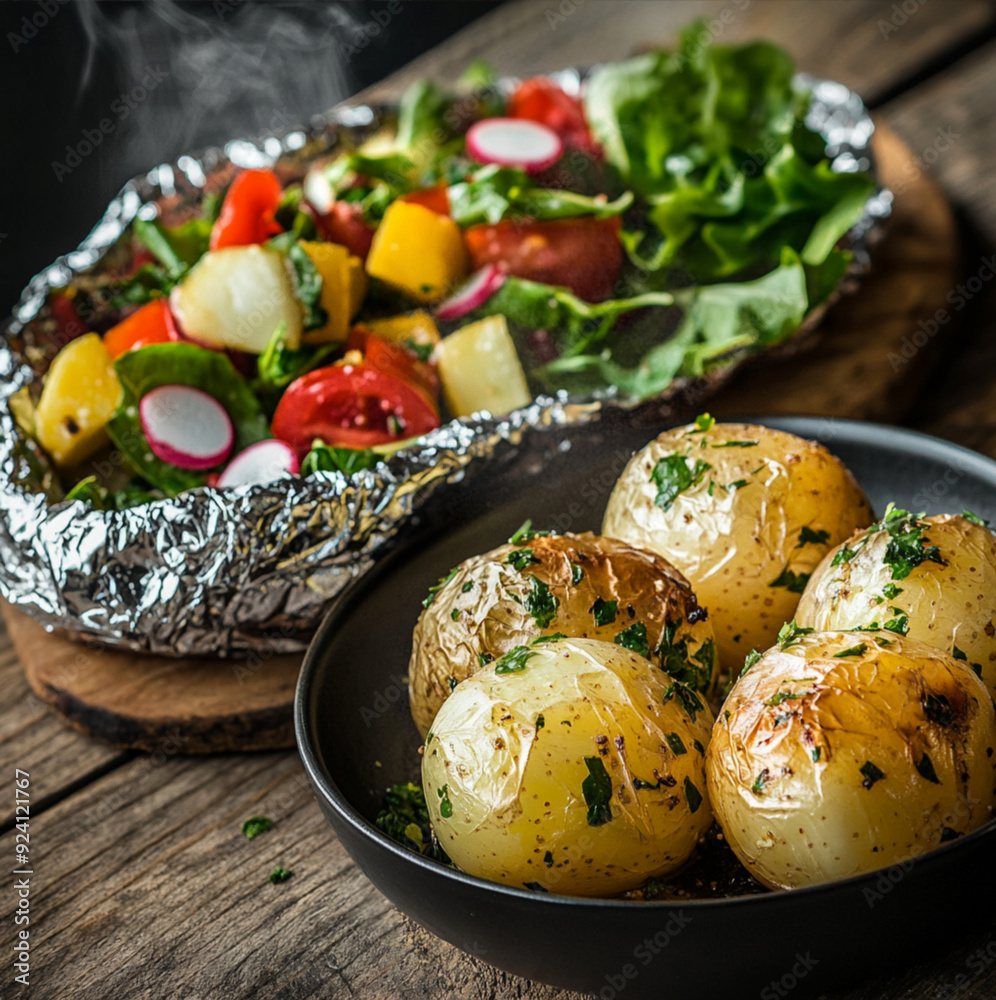 A two side dishes: papas al plomo (baked potatoes) and a fresh salad A two side dishes: papas al plomo (baked potatoes) and a fresh salad