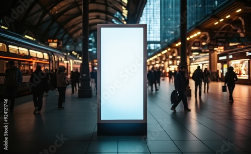 Mock up. Vertical advertising billboard, lightbox with empty digital screen on railway station. Blank white poster advertising, public information board stands at station in front of people and train