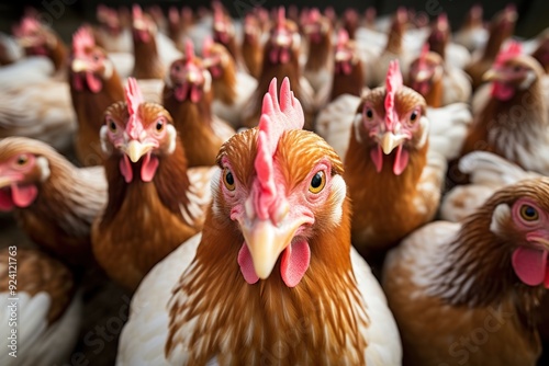 Many chickens waiting to be fed up, they are looking at the camera