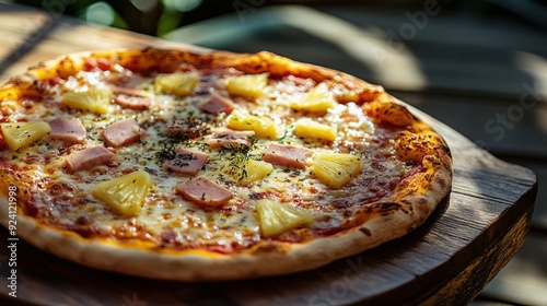 Close-up of a freshly made Italian pizza Hawaii with pineapple, ham, and cheese on a wooden table outside