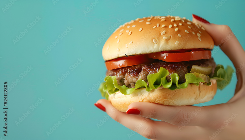 close-up on a hamburger in a female hand on a blue background close-up on a hamburger in a female hand on a blue background