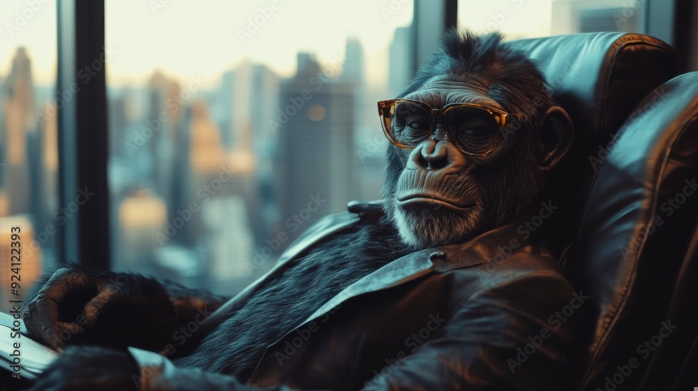 Sophisticated Chimpanzee in Glasses Relaxing in Modern Urban Office Setting Sophisticated Chimpanzee in Glasses Relaxing in Modern Urban Office Setting
