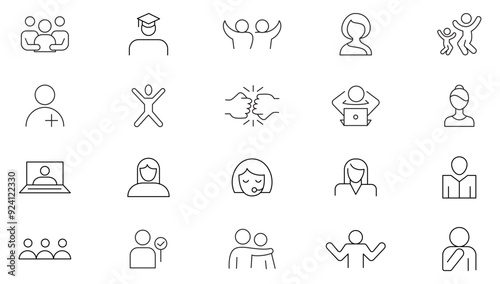 People and person line icon collection. Research, meeting, business communication, employee job, management, startup and teamwork icon set. UI outline icons pack