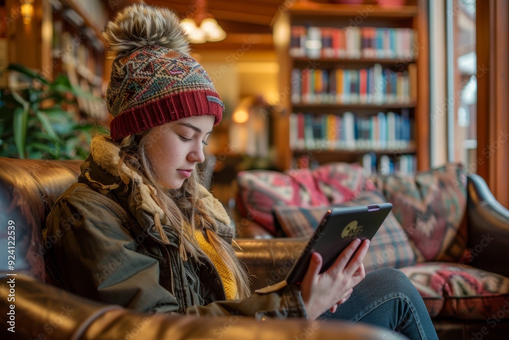 Digital Learning in Cozy Library Corner - Young Adult Reading eBook on Tablet Digital Learning in Cozy Library Corner - Young Adult Reading eBook on Tablet