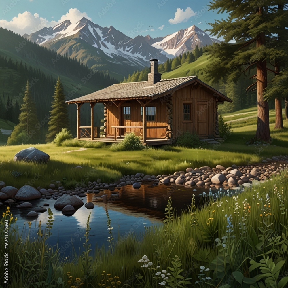 Naklejka premium illustration of a serene green mountain landscape. The scene features rolling hills covered in lush, verdant forests with a clear, blue sky overhead. Gentle clouds drift by, and a calm river meanders 